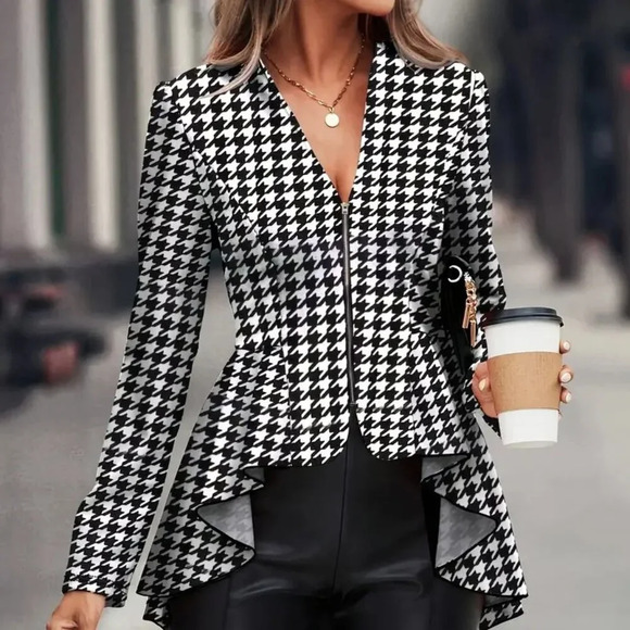 Elegant Houndstooth Print Zip Up Jacket (Color: Black & White Grid) - Picture 1 of 2